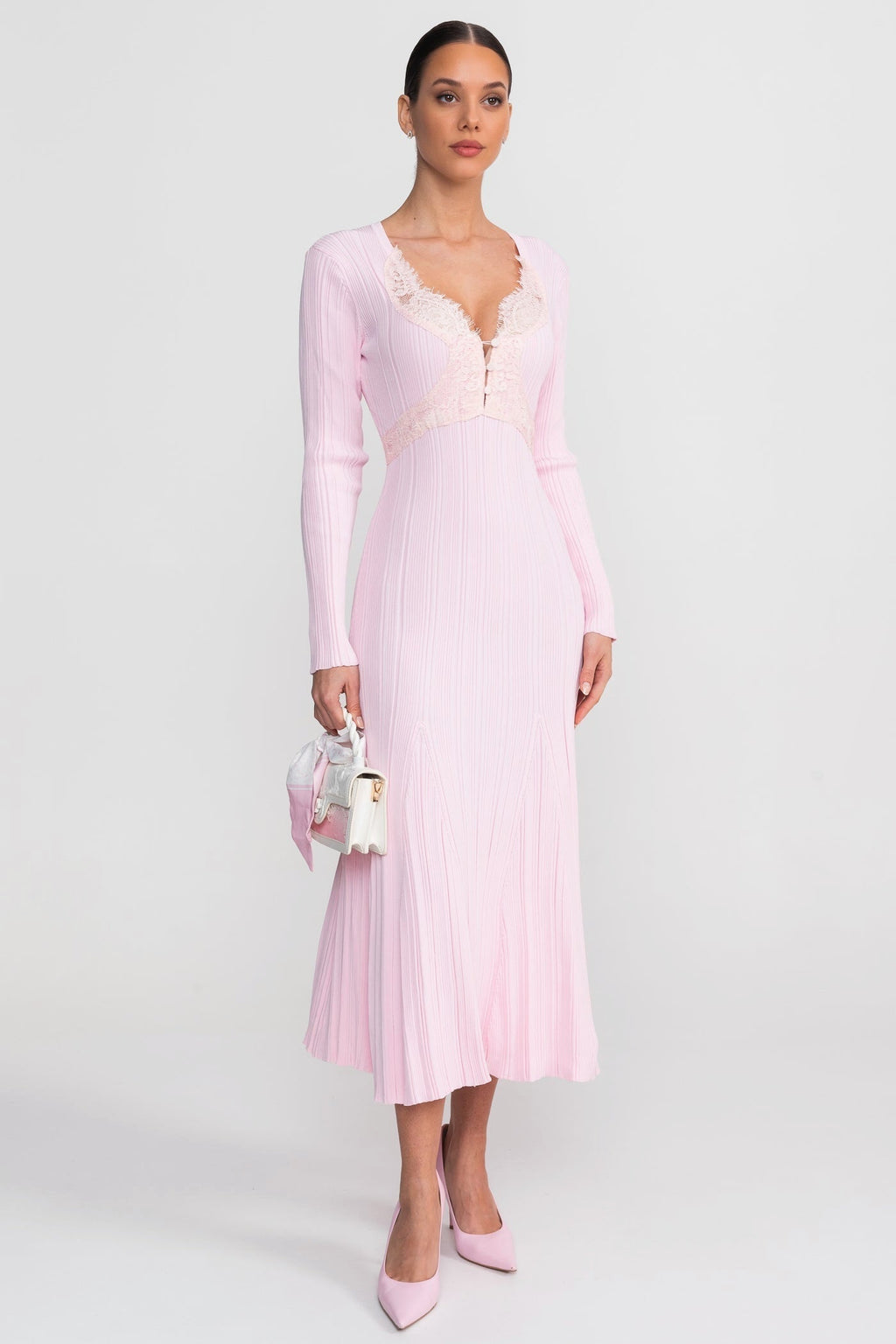 Vestido Midi de Manga Larga Acanalado con Escote en V con Encaje - Rosa Bebé