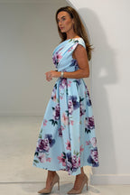 Vestido Midi Skater de Cuello Asimétrico Betty Estampado Azul