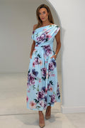 Vestido Midi Skater de Cuello Asimétrico Betty Estampado Azul