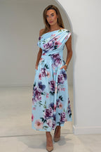 Vestido Midi Skater de Cuello Asimétrico Betty Estampado Azul