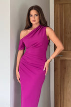 Vestido Midi de Escote Asimétrico Donna Fucsia Oscuro
