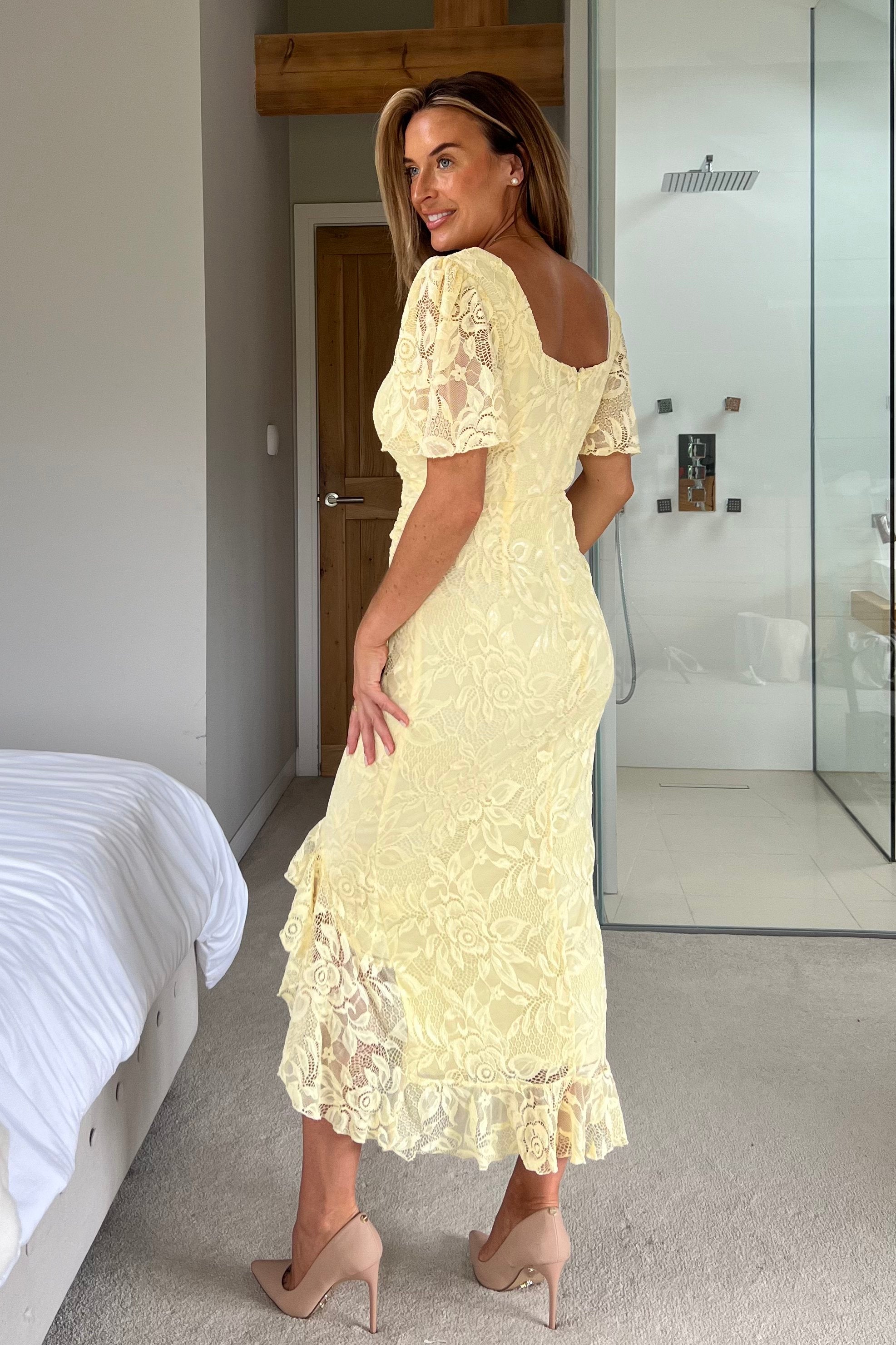 Vestido Midi Arrugado de Encaje Amarillo Heidi