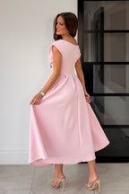 Vestido Midi Rosa con Escote Asimétrico Betty