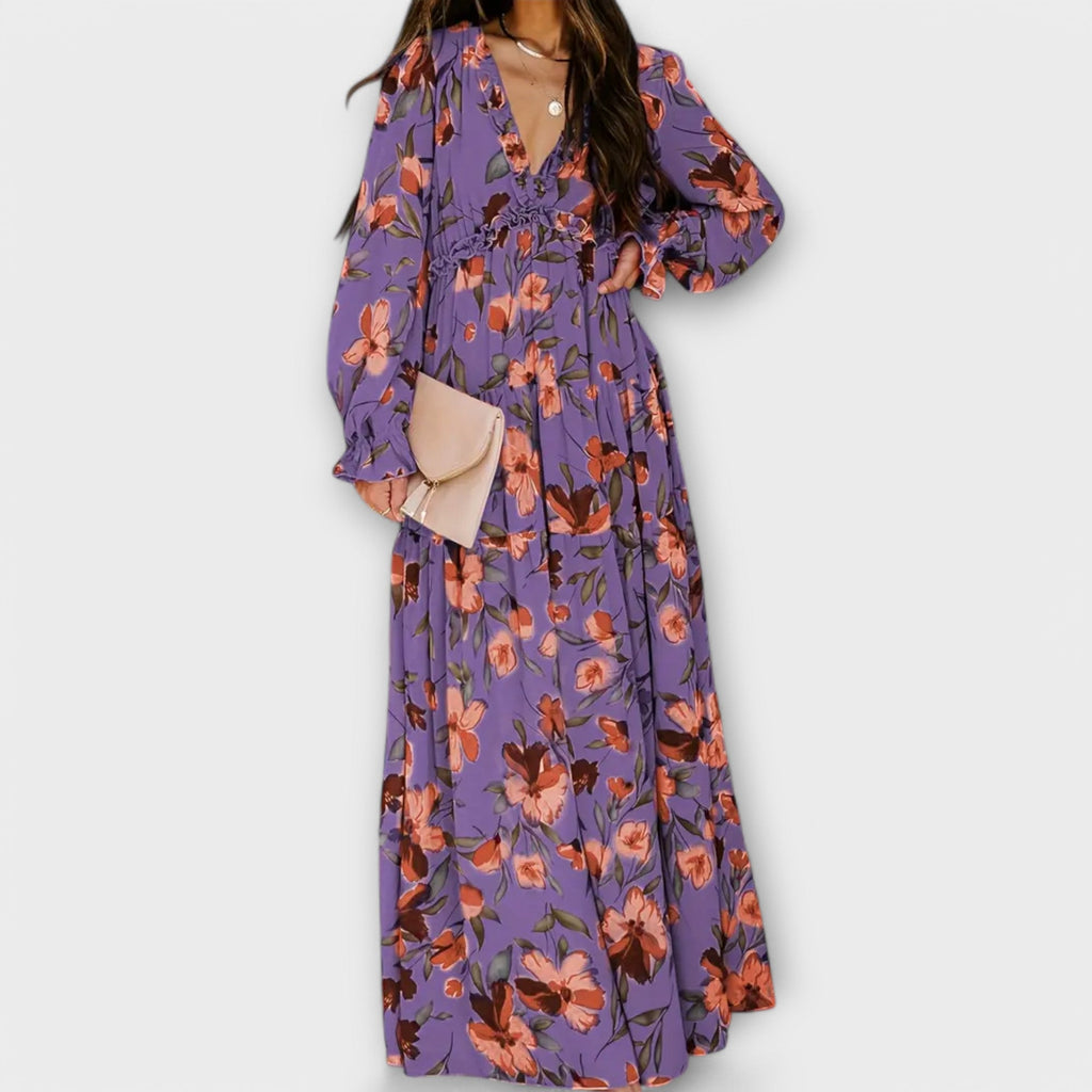 Aldona | Vestido Maxi Floral con Escote V y Tejido Plisado