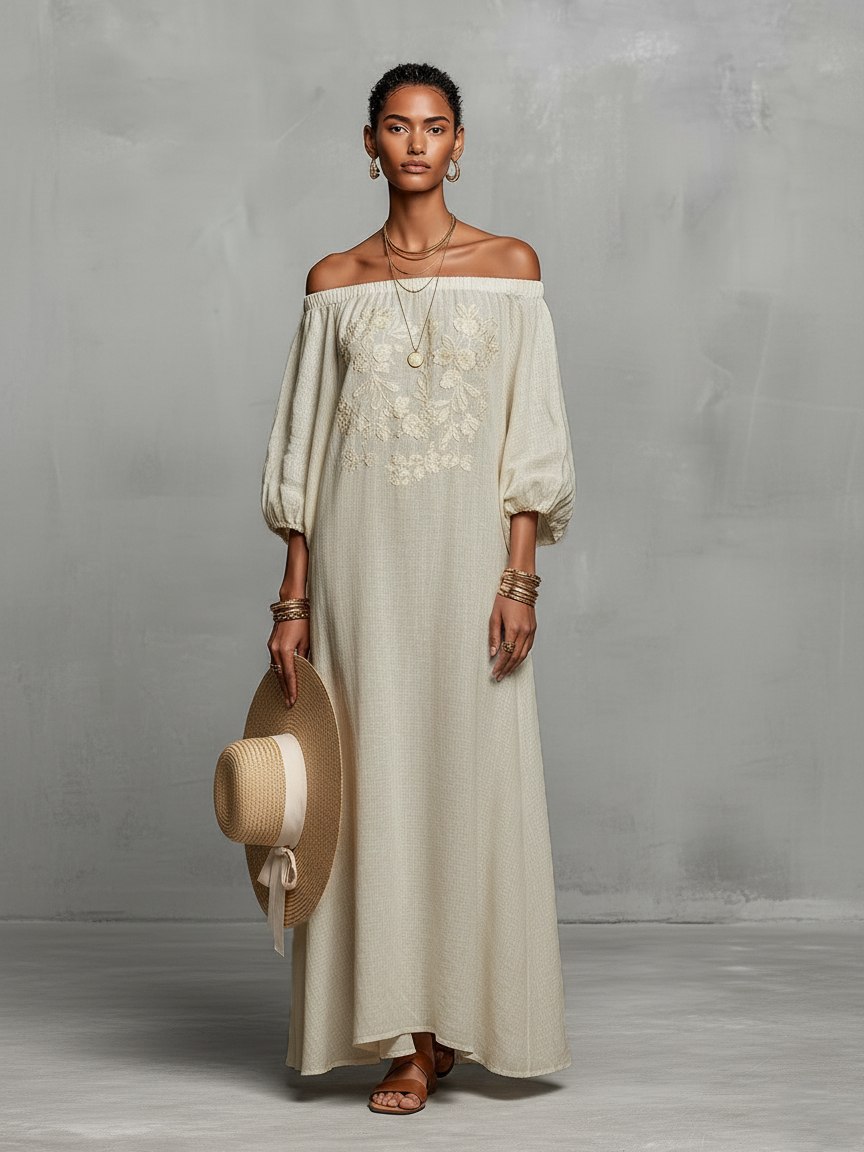 Constanza | Vestido Maxi con Hombros Descubiertos y Bordado Delicado