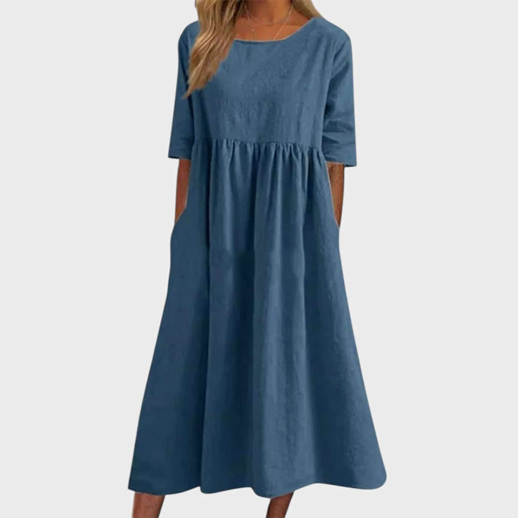 Lucia | Vestido de algodón con cuello redondo y detalle en la cintura