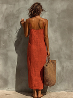 Vestido de Algodón con Tirantes Finos y Escote Cuadrado, Estilo Boho-Resort Atemporal