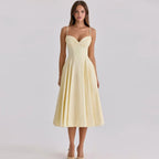 Amélie™ – Vestido Midi con Escote Corazón, Drapeado y Corte Evasé