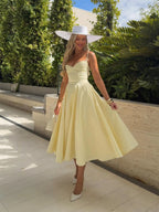 Amélie™ – Vestido Midi con Escote Corazón, Drapeado y Corte Evasé