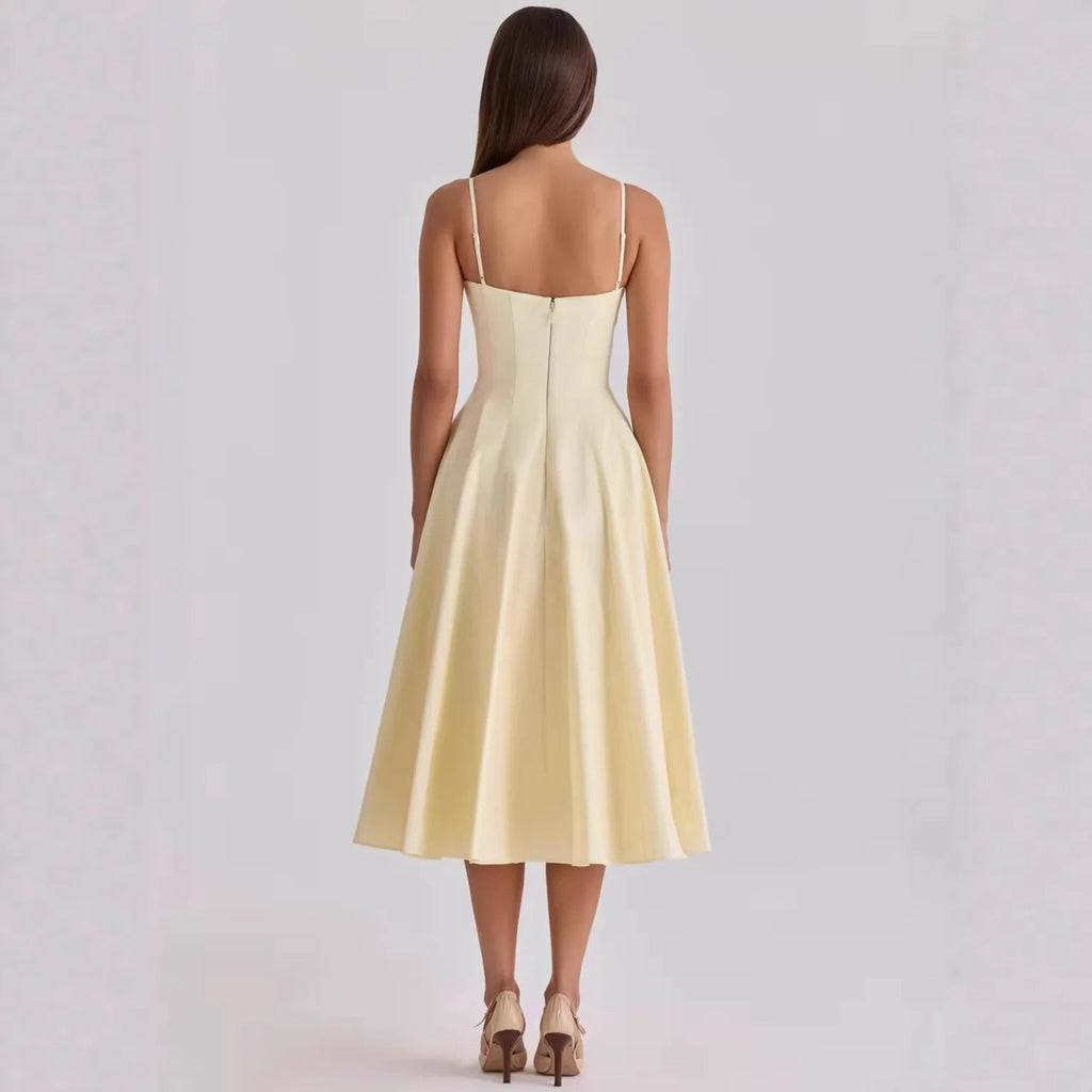 Amélie™ – Vestido Midi con Escote Corazón, Drapeado y Corte Evasé