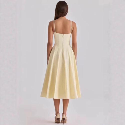 Amélie™ – Vestido Midi con Escote Corazón, Drapeado y Corte Evasé
