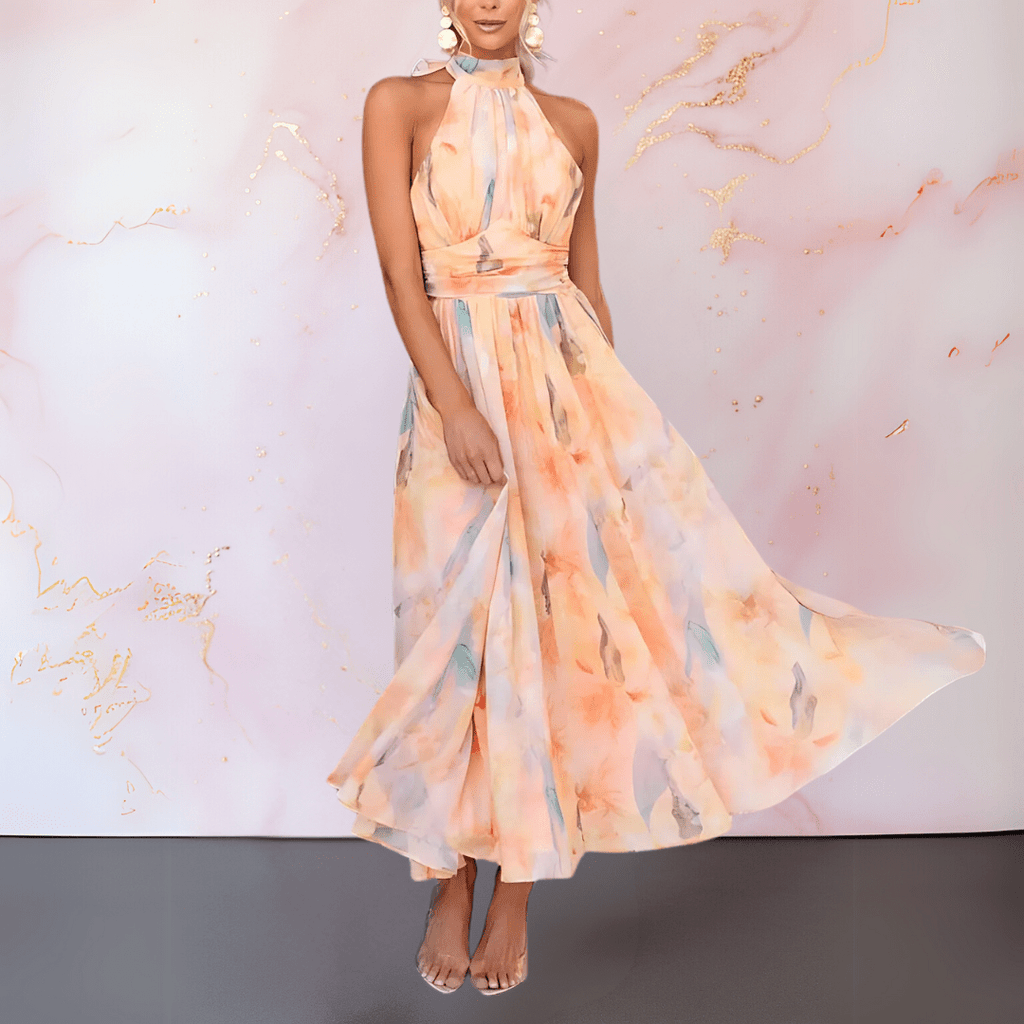 ESTHER | VESTIDO DE IMPRESIÓN ACUARELA CON CUELLO HALTER