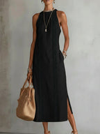 Beatriz | Vestido Midi de Lino con Encaje y Cuello Alto