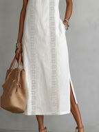 Beatriz | Vestido Midi de Lino con Encaje y Cuello Alto