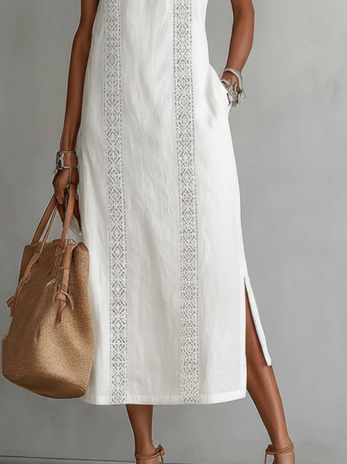 Beatriz | Vestido Midi de Lino con Encaje y Cuello Alto