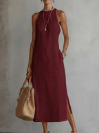 Beatriz | Vestido Midi de Lino con Encaje y Cuello Alto