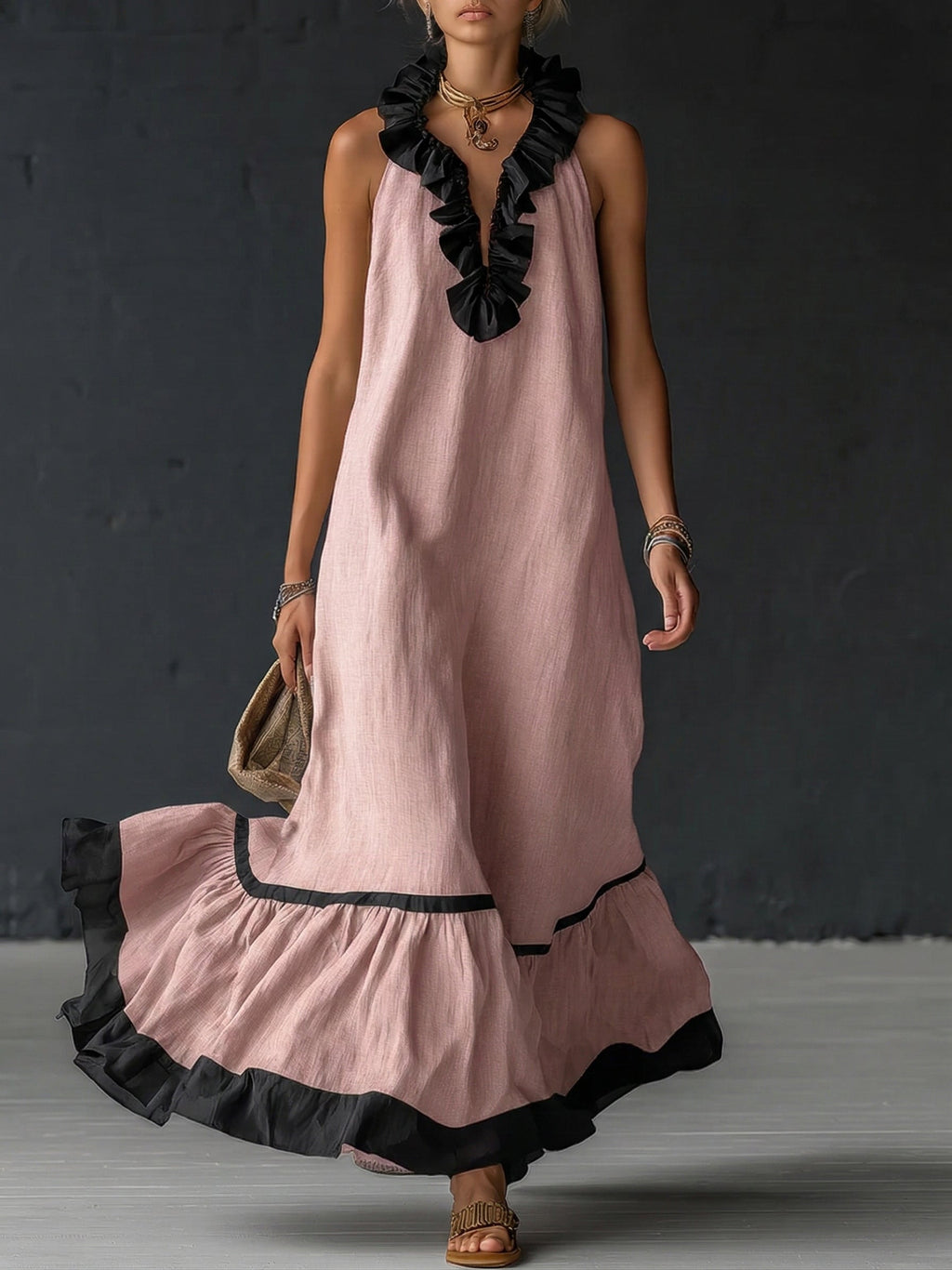 Sofia | Vestido Maxi con Volantes y Detalle Bicolor