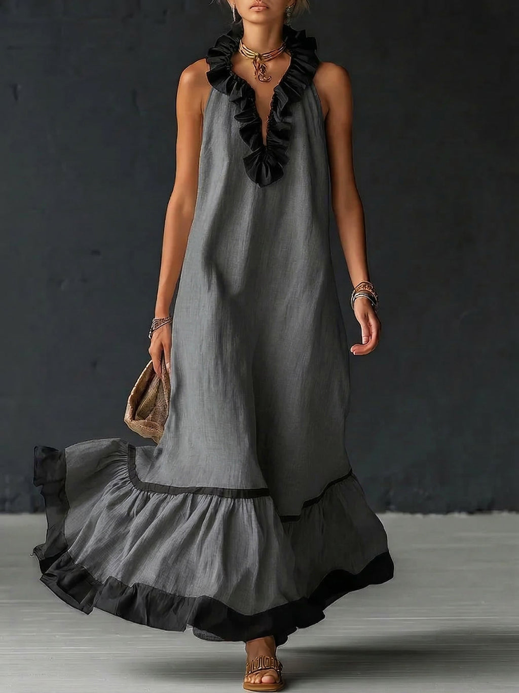 Sofia | Vestido Maxi con Volantes y Detalle Bicolor